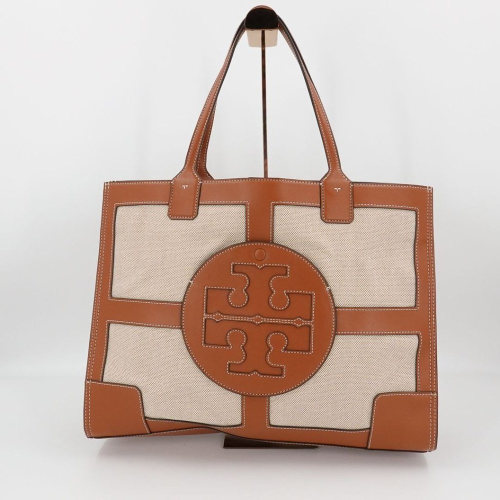 Tory Burch Ella Canvas Tote Quadrant Tote Bag Beige Brown - Picture 3 of 12